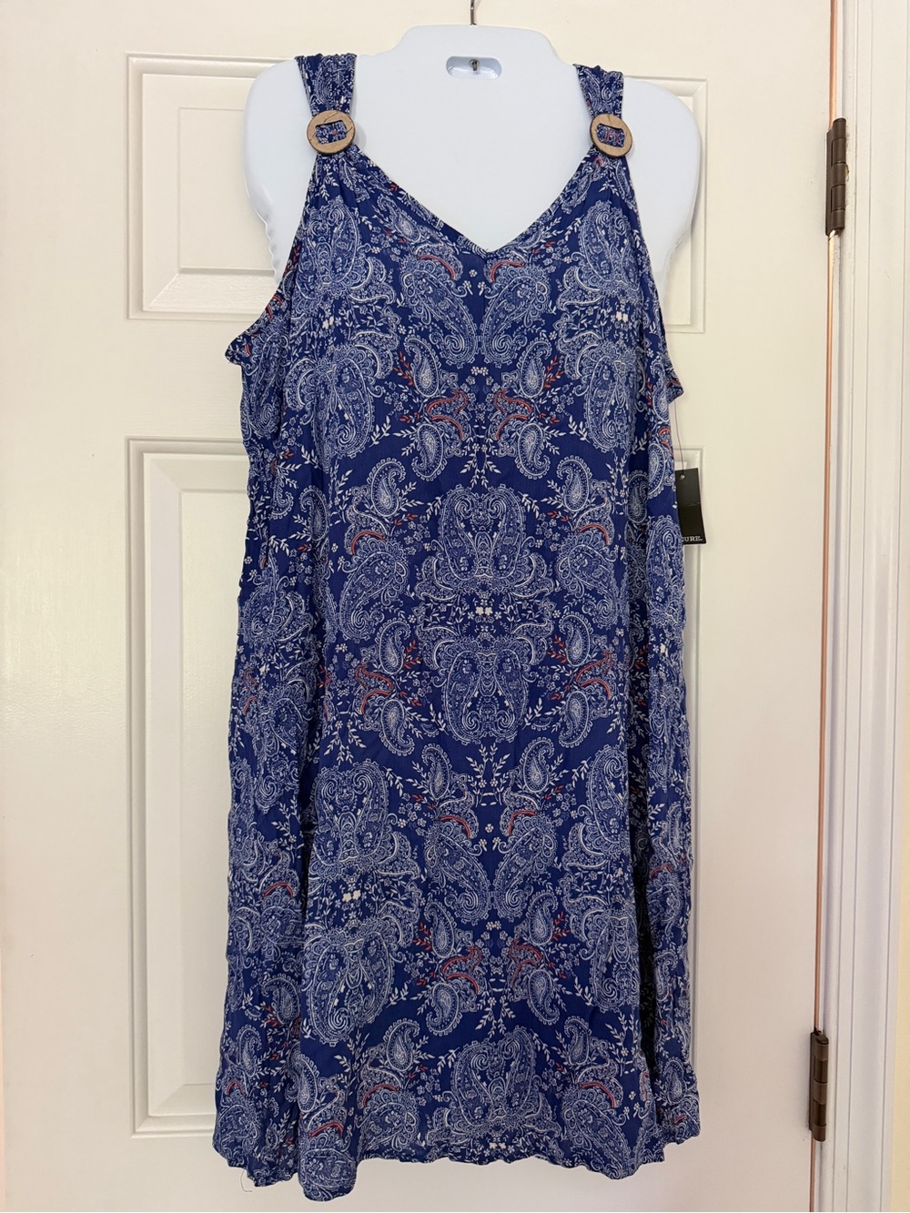 NWT Cure Blue Paisley Swing Dress Wooden Buckle Sleeveless Medium